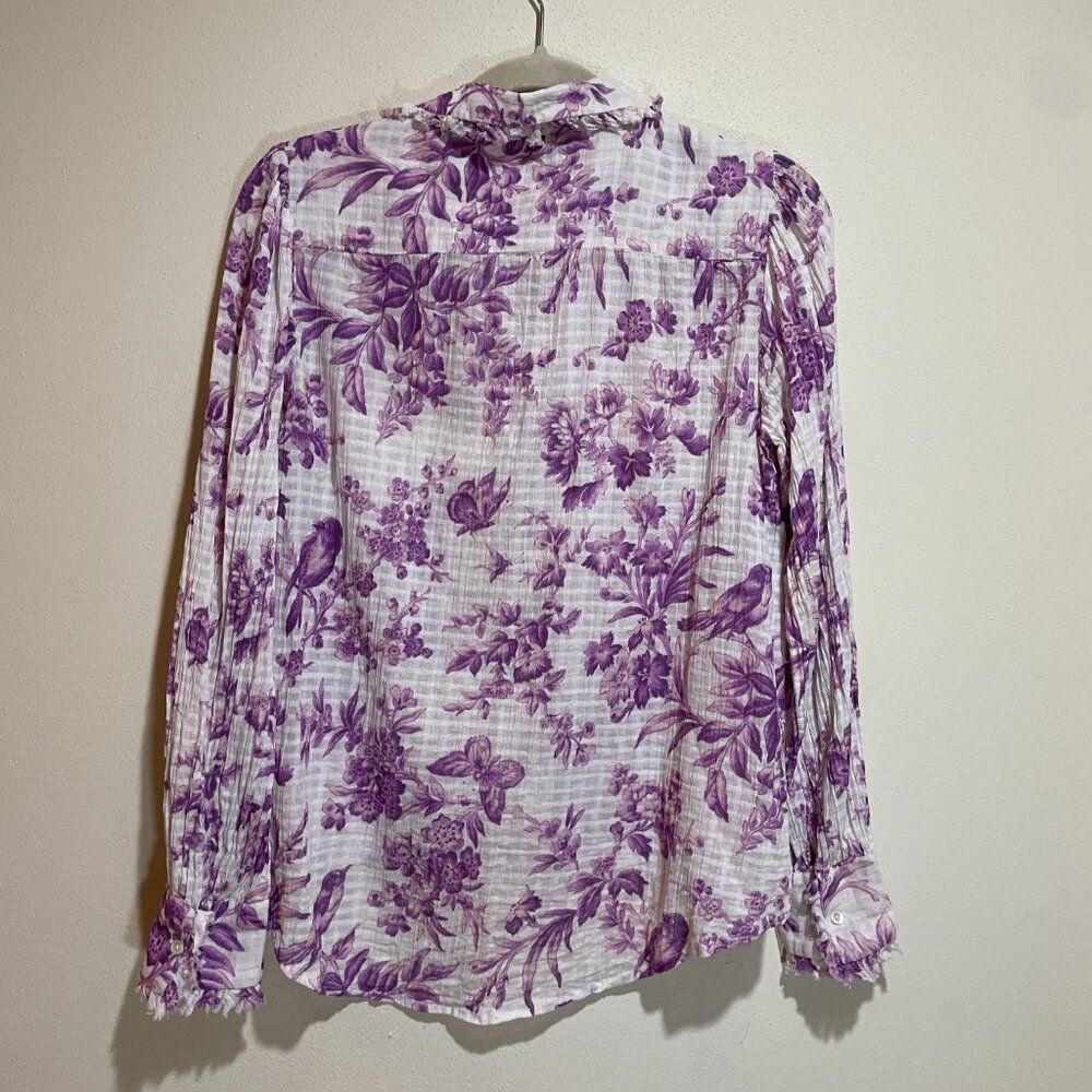 Sundance Sz XS Chantilly Blooms Button Down Top Blouse White Purple Floral Bird - Picture 9 of 12